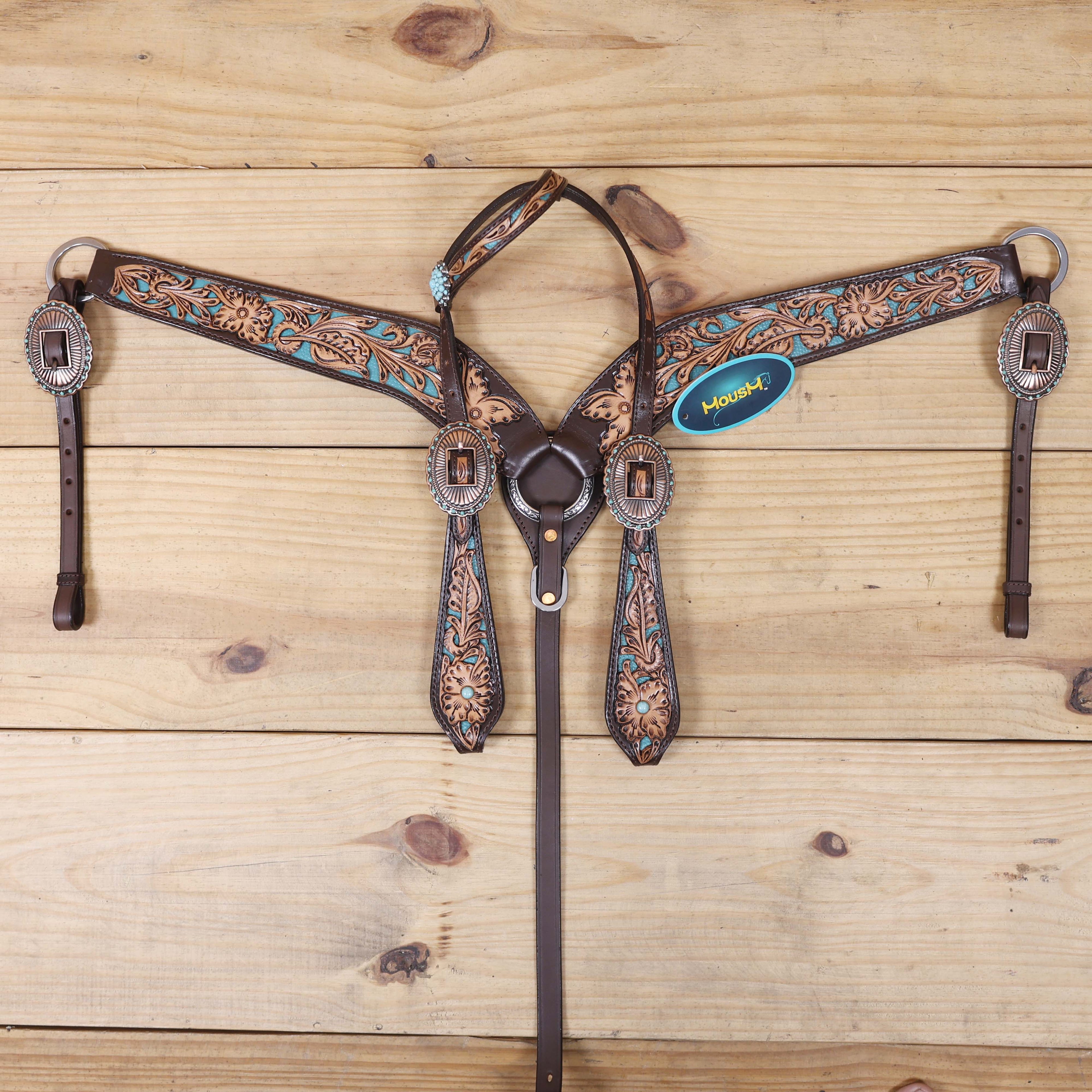 Western Headstall and Breast Collar Set Decorated with Flower Hand Tooled and Filigree Carving with Turquoise Inlay and Antique Finish Big Sunburst Buckles MOUSM
