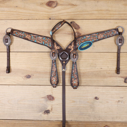 Western Headstall and Breast Collar Set Decorated with Flower Hand Tooled and Filigree Carving with Turquoise Inlay and Antique Finish Big Sunburst Buckles MOUSM