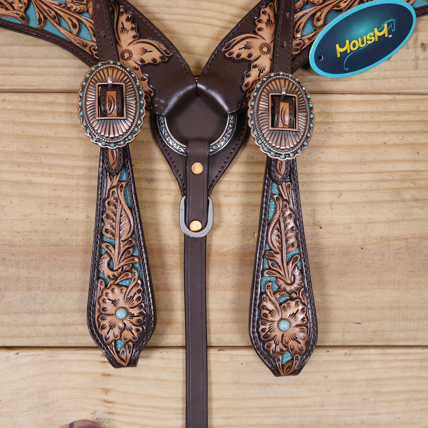 Western Headstall and Breast Collar Set Decorated with Flower Hand Tooled and Filigree Carving with Turquoise Inlay and Antique Finish Big Sunburst Buckles MOUSM