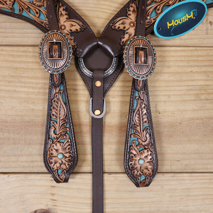 Western Headstall and Breast Collar Set Decorated with Flower Hand Tooled and Filigree Carving with Turquoise Inlay and Antique Finish Big Sunburst Buckles MOUSM