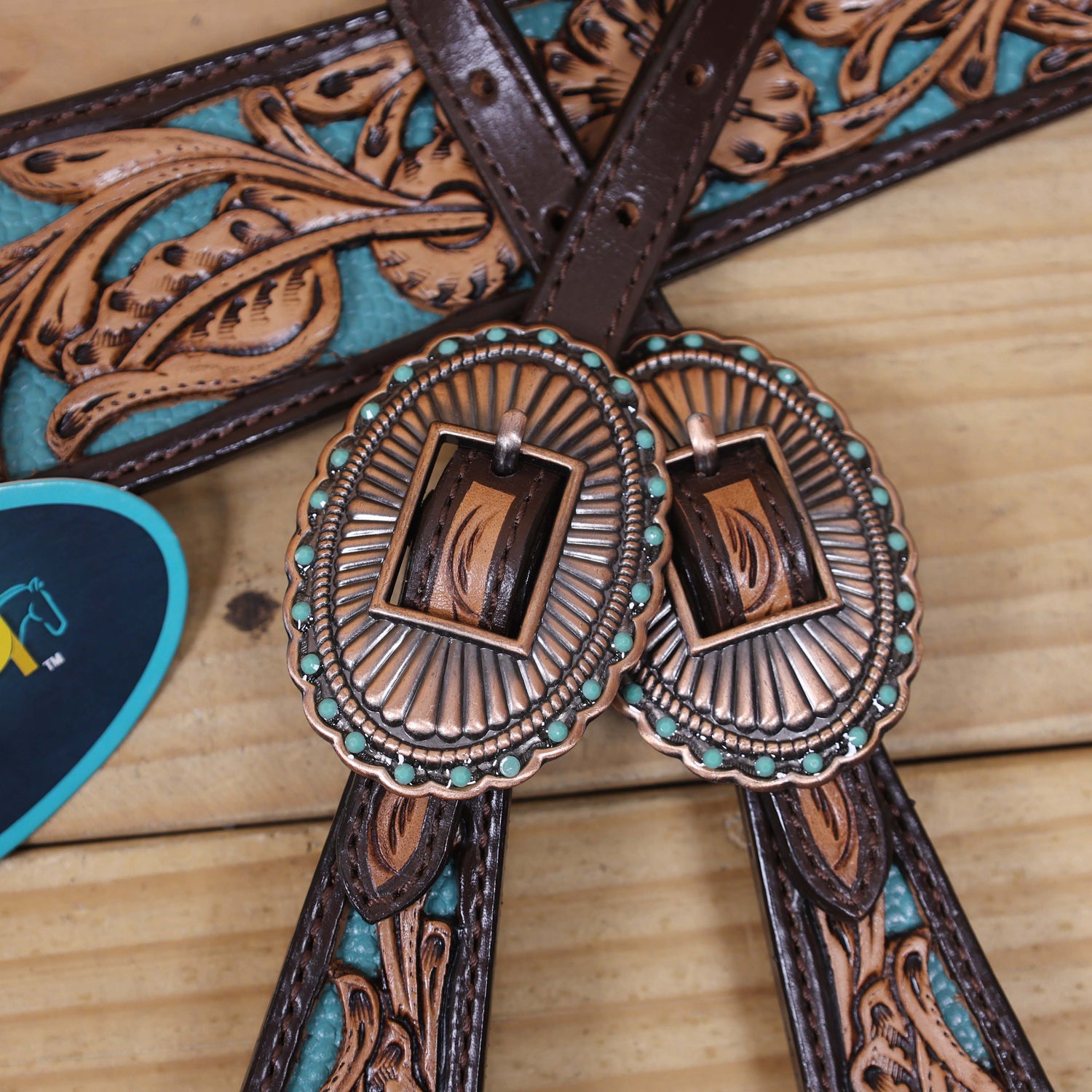 Western Headstall and Breast Collar Set Decorated with Flower Hand Tooled and Filigree Carving with Turquoise Inlay and Antique Finish Big Sunburst Buckles MOUSM