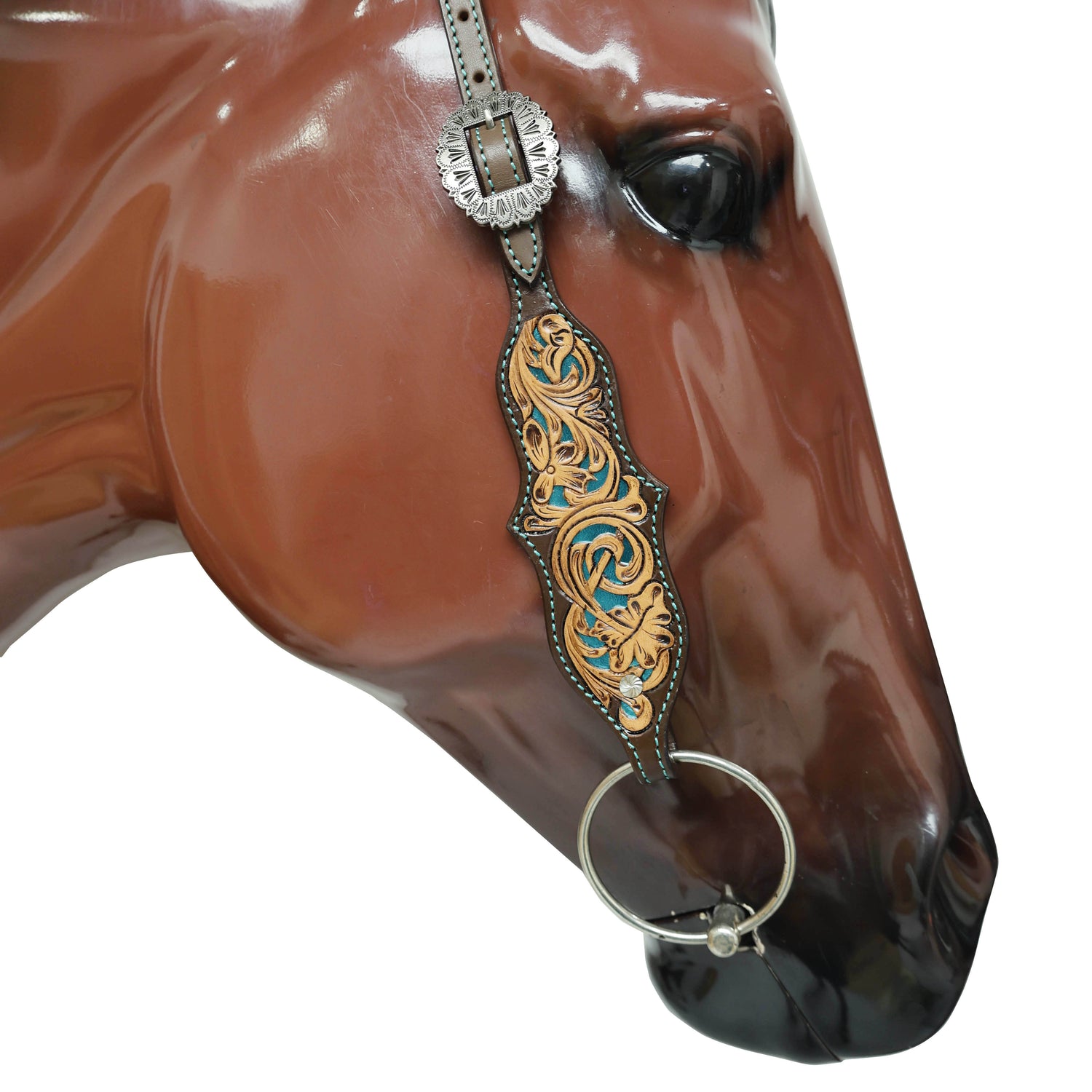 Western One Ear Headstall Tack Set Handcrafted from Argentina Cow Leather with Flower Hand Tooled and Filigree Carving with Turquoise Inlay MOUSM