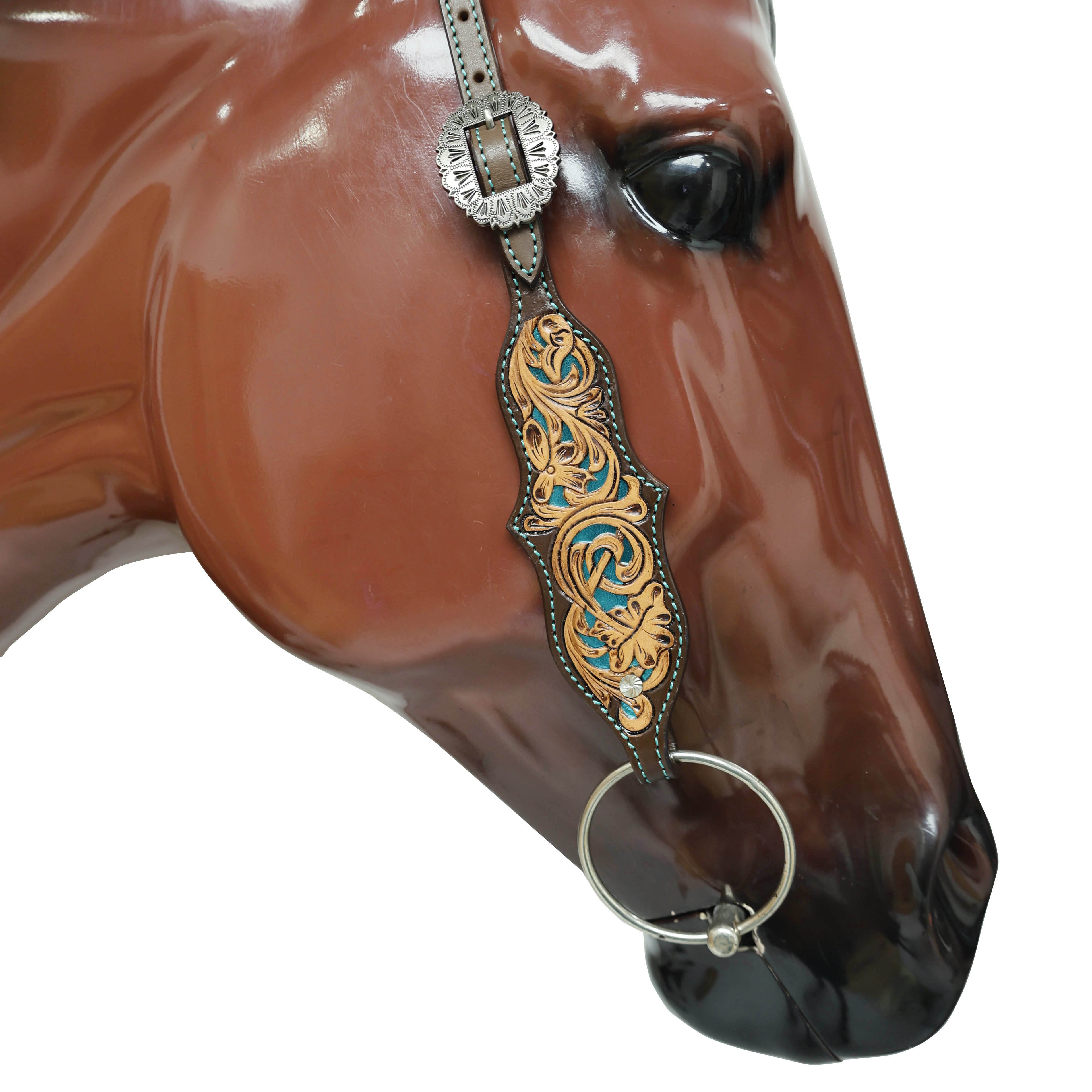 Western One Ear Headstall Tack Set Handcrafted from Argentina Cow Leather with Flower Hand Tooled and Filigree Carving with Turquoise Inlay MOUSM