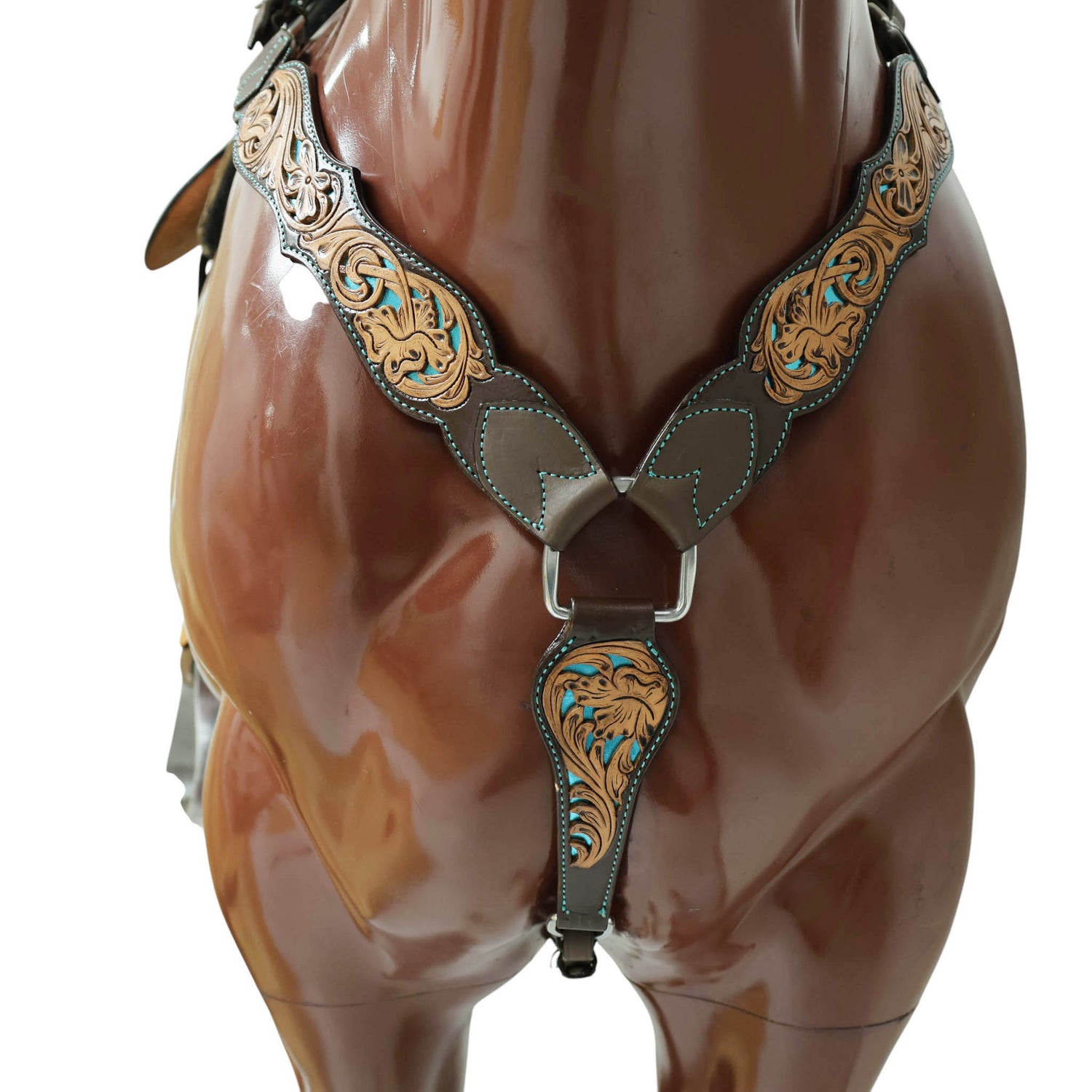 Western One Ear Headstall Tack Set Handcrafted from Argentina Cow Leather with Flower Hand Tooled and Filigree Carving with Turquoise Inlay MOUSM