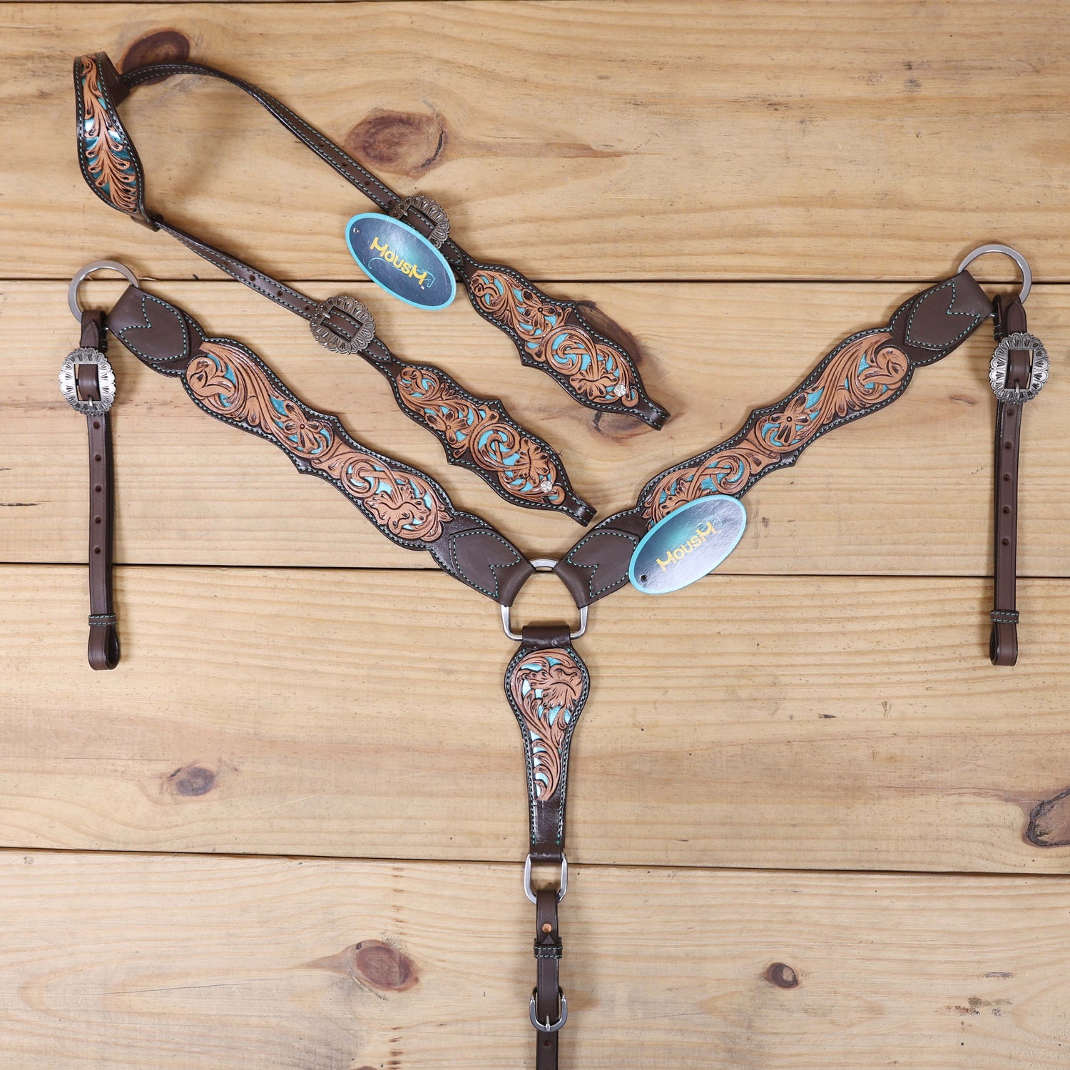 Western One Ear Headstall Tack Set Handcrafted from Argentina Cow Leather with Flower Hand Tooled and Filigree Carving with Turquoise Inlay MOUSM