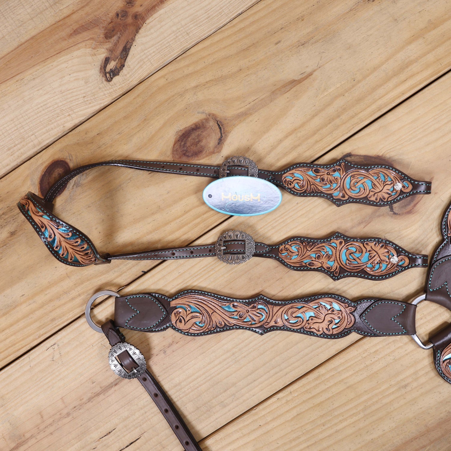 Western One Ear Headstall Tack Set Handcrafted from Argentina Cow Leather with Flower Hand Tooled and Filigree Carving with Turquoise Inlay MOUSM