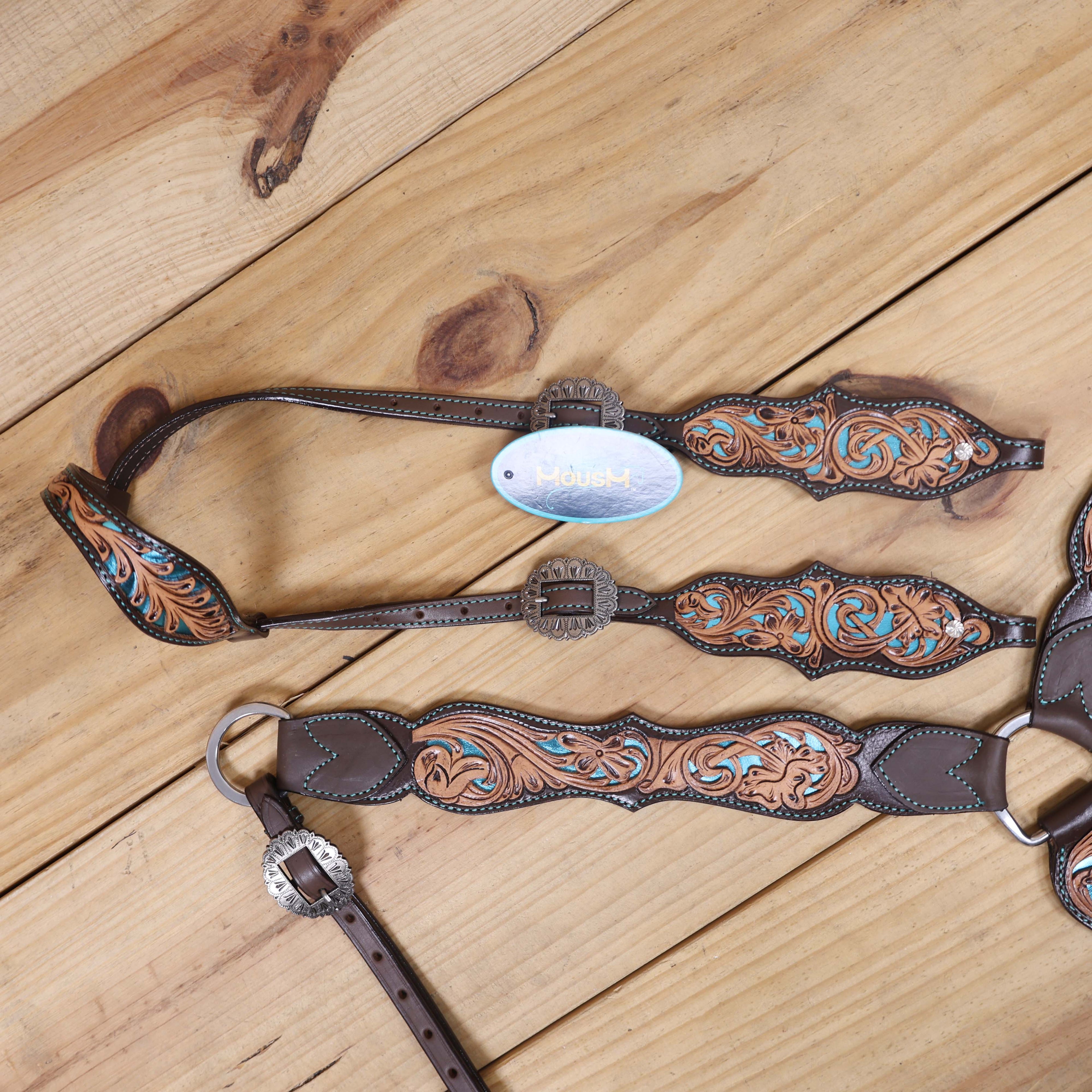 Western One Ear Headstall Tack Set Handcrafted from Argentina Cow Leather with Flower Hand Tooled and Filigree Carving with Turquoise Inlay MOUSM