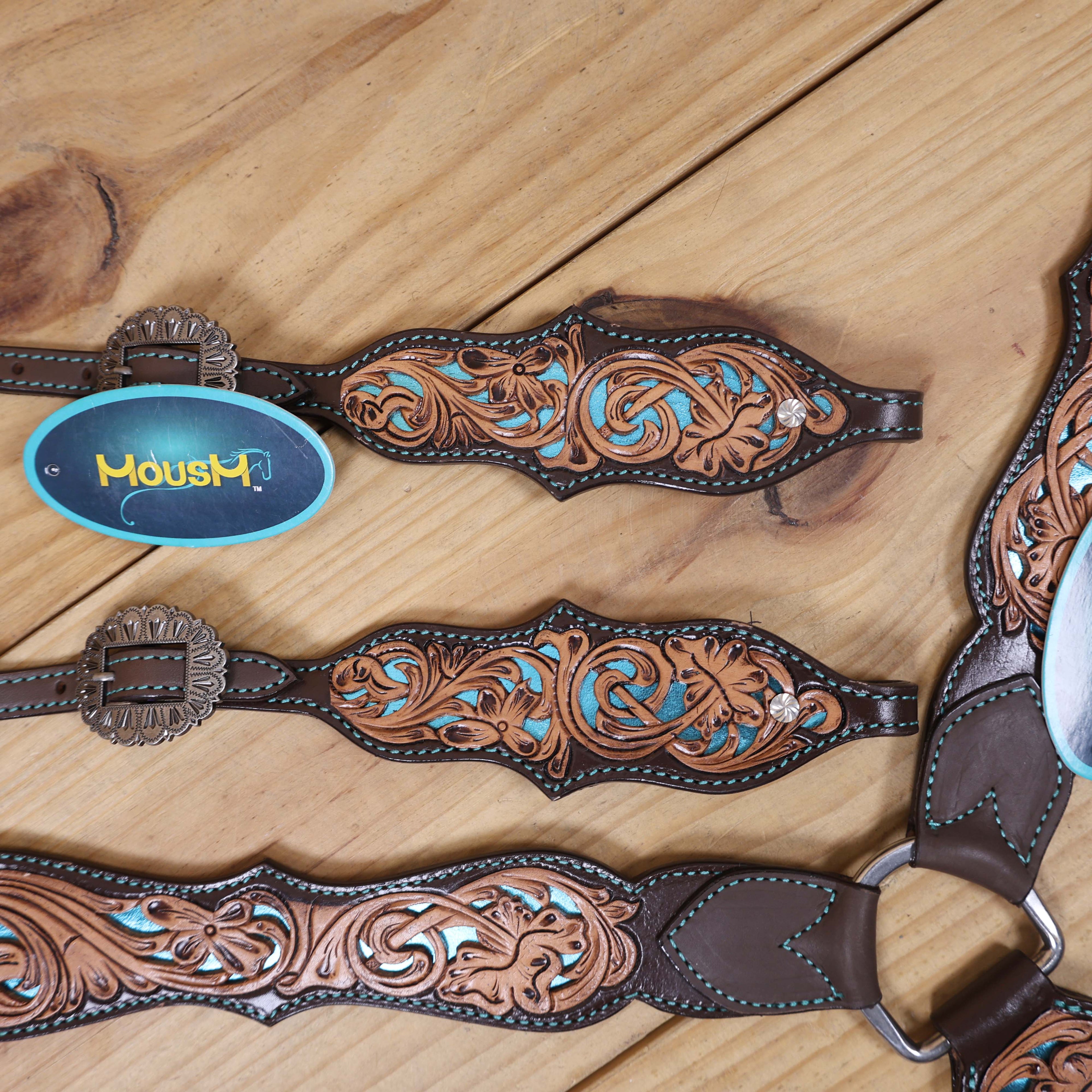 Western One Ear Headstall Tack Set Handcrafted from Argentina Cow Leather with Flower Hand Tooled and Filigree Carving with Turquoise Inlay MOUSM