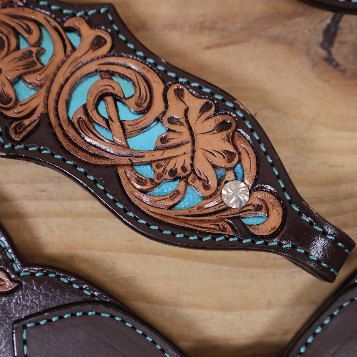 Western One Ear Headstall Tack Set Handcrafted from Argentina Cow Leather with Flower Hand Tooled and Filigree Carving with Turquoise Inlay MOUSM