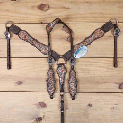 Western One Ear Headstall Tack Set Handcrafted from Argentina Cow Leather with Flower Hand Tooled and Filigree Carving with Turquoise Inlay MOUSM