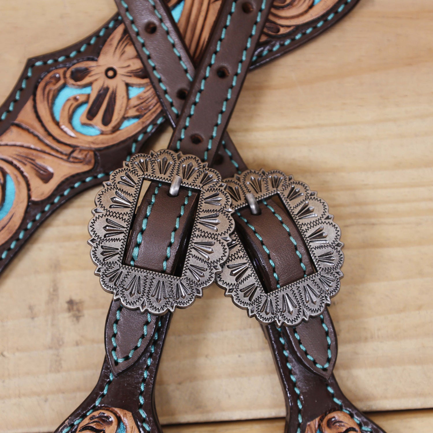 Western One Ear Headstall Tack Set Handcrafted from Argentina Cow Leather with Flower Hand Tooled and Filigree Carving with Turquoise Inlay MOUSM