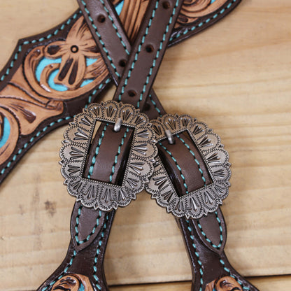 Western One Ear Headstall Tack Set Handcrafted from Argentina Cow Leather with Flower Hand Tooled and Filigree Carving with Turquoise Inlay MOUSM