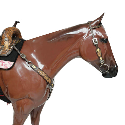 Western Leather Headstall and Breast Collar Tack Set Decorated with Flower Filigree Carving, Golden Rawhide Braiding, and 3 Tone Feather Hardware MOUSM