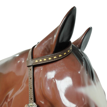 Western Leather Headstall and Breast Collar Tack Set Decorated with Flower Filigree Carving, Golden Rawhide Braiding, and 3 Tone Feather Hardware MOUSM