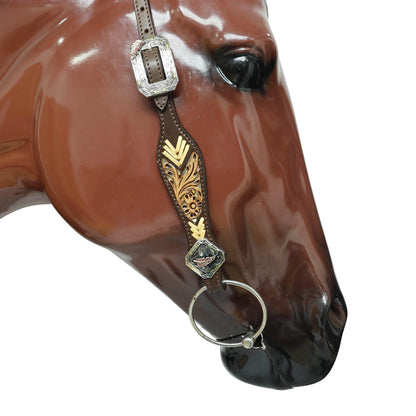 Western Leather Headstall and Breast Collar Tack Set Decorated with Flower Filigree Carving, Golden Rawhide Braiding, and 3 Tone Feather Hardware MOUSM