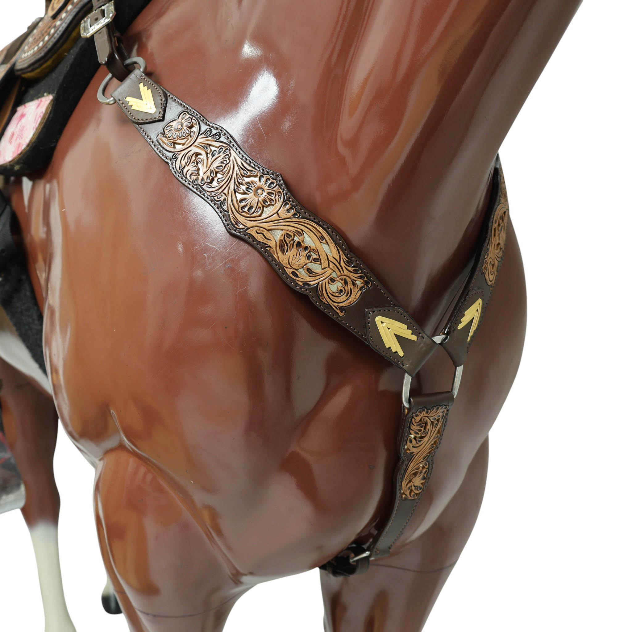 Western Leather Headstall and Breast Collar Tack Set Decorated with Flower Filigree Carving, Golden Rawhide Braiding, and 3 Tone Feather Hardware MOUSM