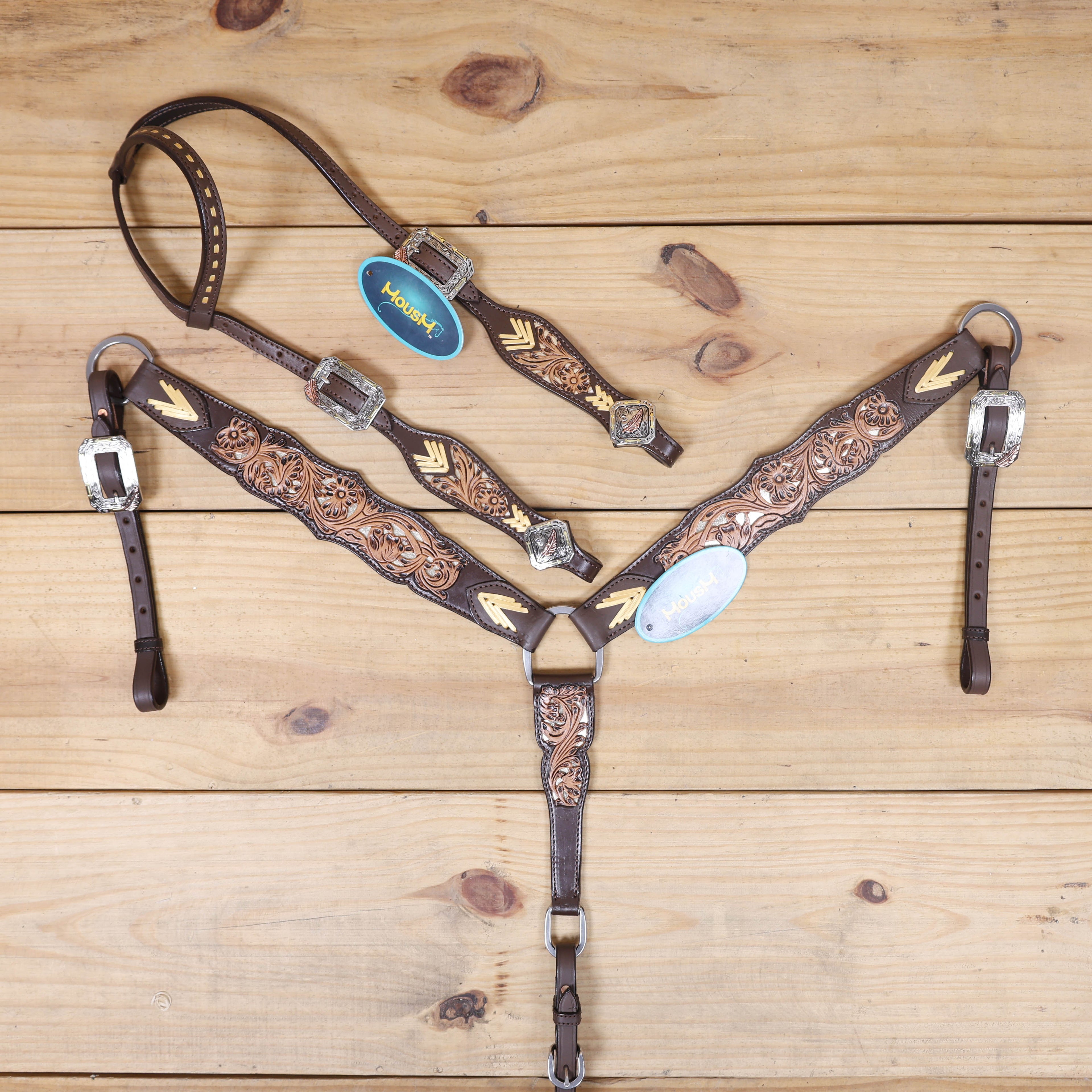 Western Leather Headstall and Breast Collar Tack Set Decorated with Flower Filigree Carving, Golden Rawhide Braiding, and 3 Tone Feather Hardware MOUSM