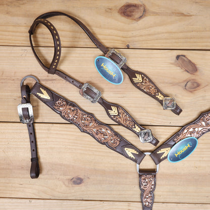 Western Leather Headstall and Breast Collar Tack Set Decorated with Flower Filigree Carving, Golden Rawhide Braiding, and 3 Tone Feather Hardware MOUSM
