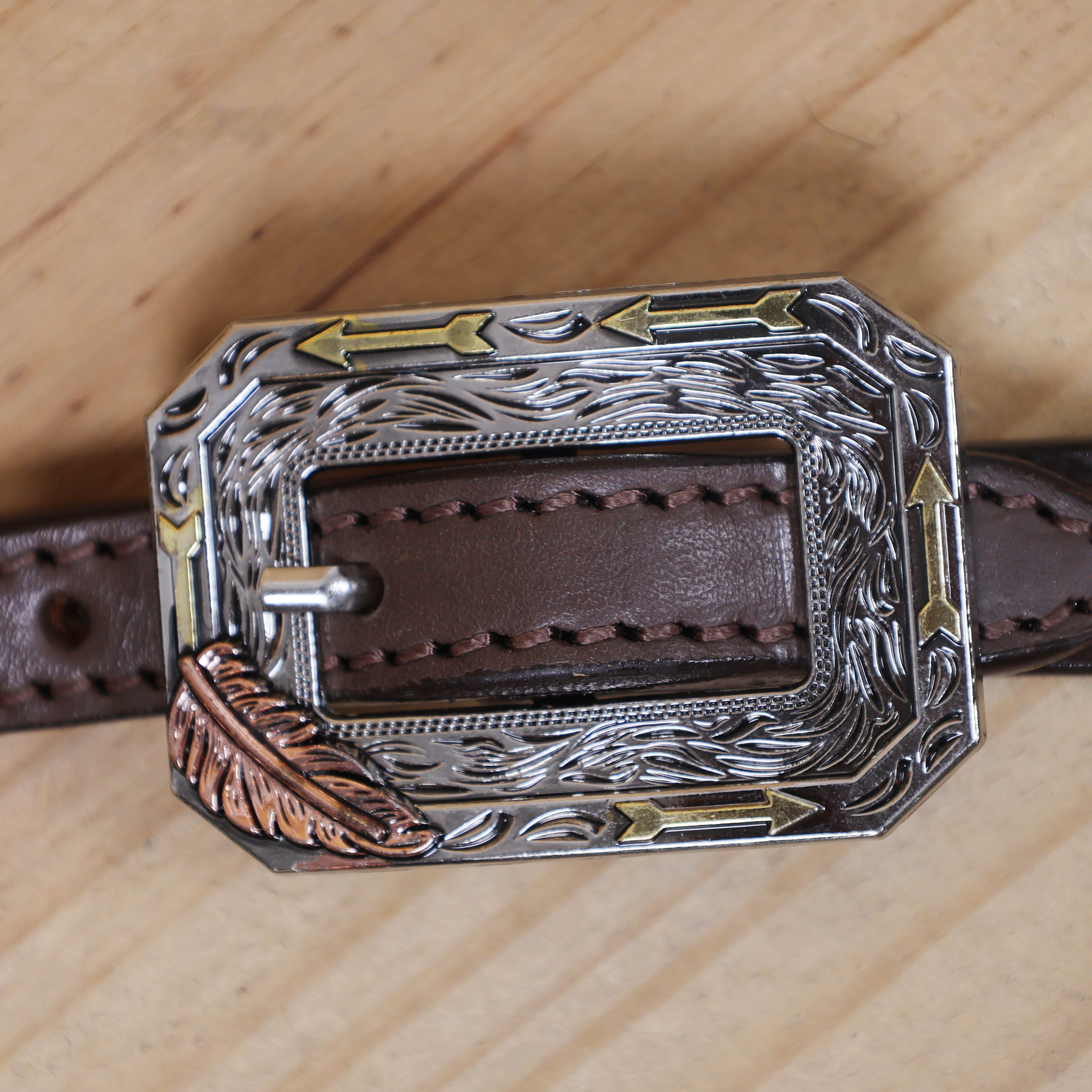 Western Leather Headstall and Breast Collar Tack Set Decorated with Flower Filigree Carving, Golden Rawhide Braiding, and 3 Tone Feather Hardware MOUSM