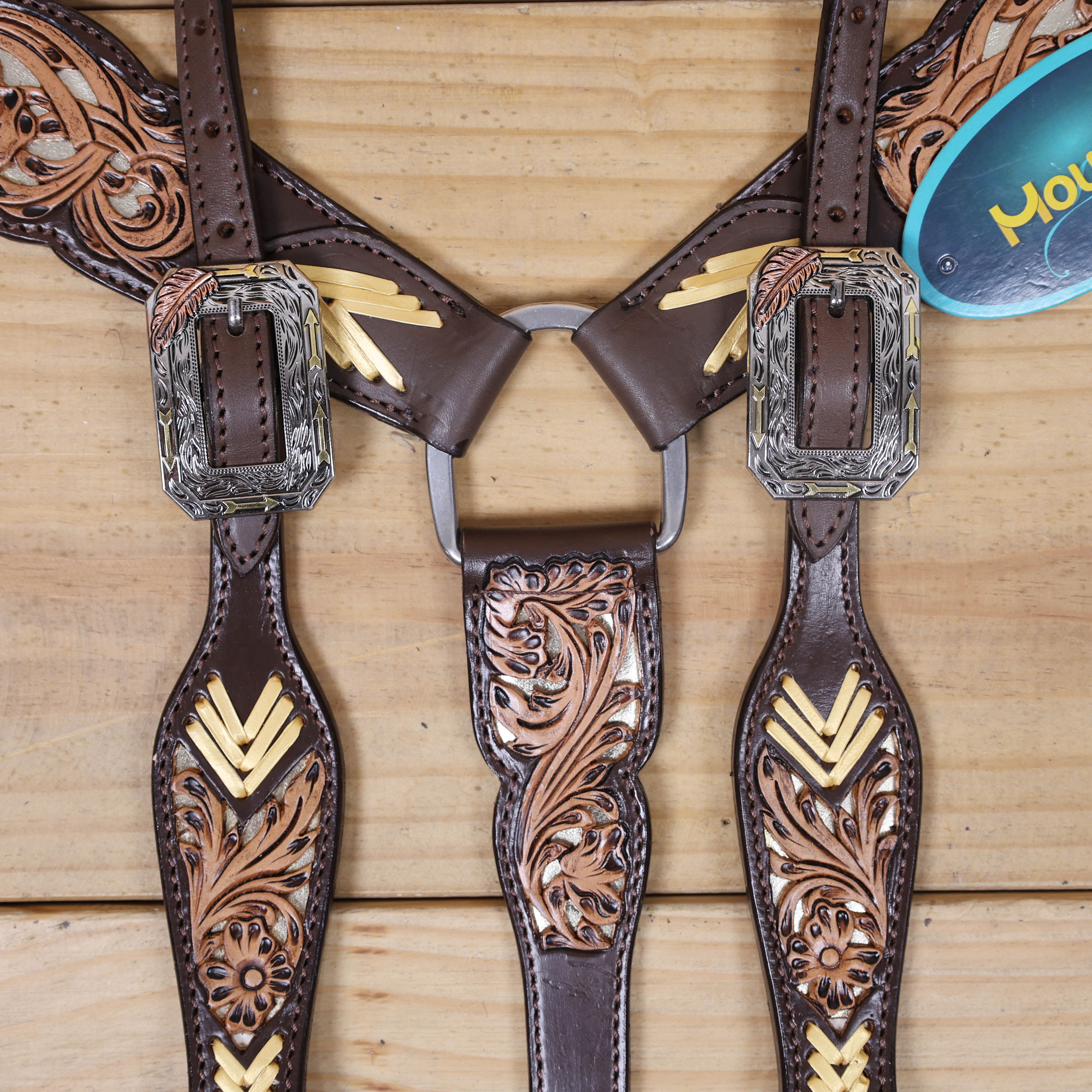 Western Leather Headstall and Breast Collar Tack Set Decorated with Flower Filigree Carving, Golden Rawhide Braiding, and 3 Tone Feather Hardware MOUSM