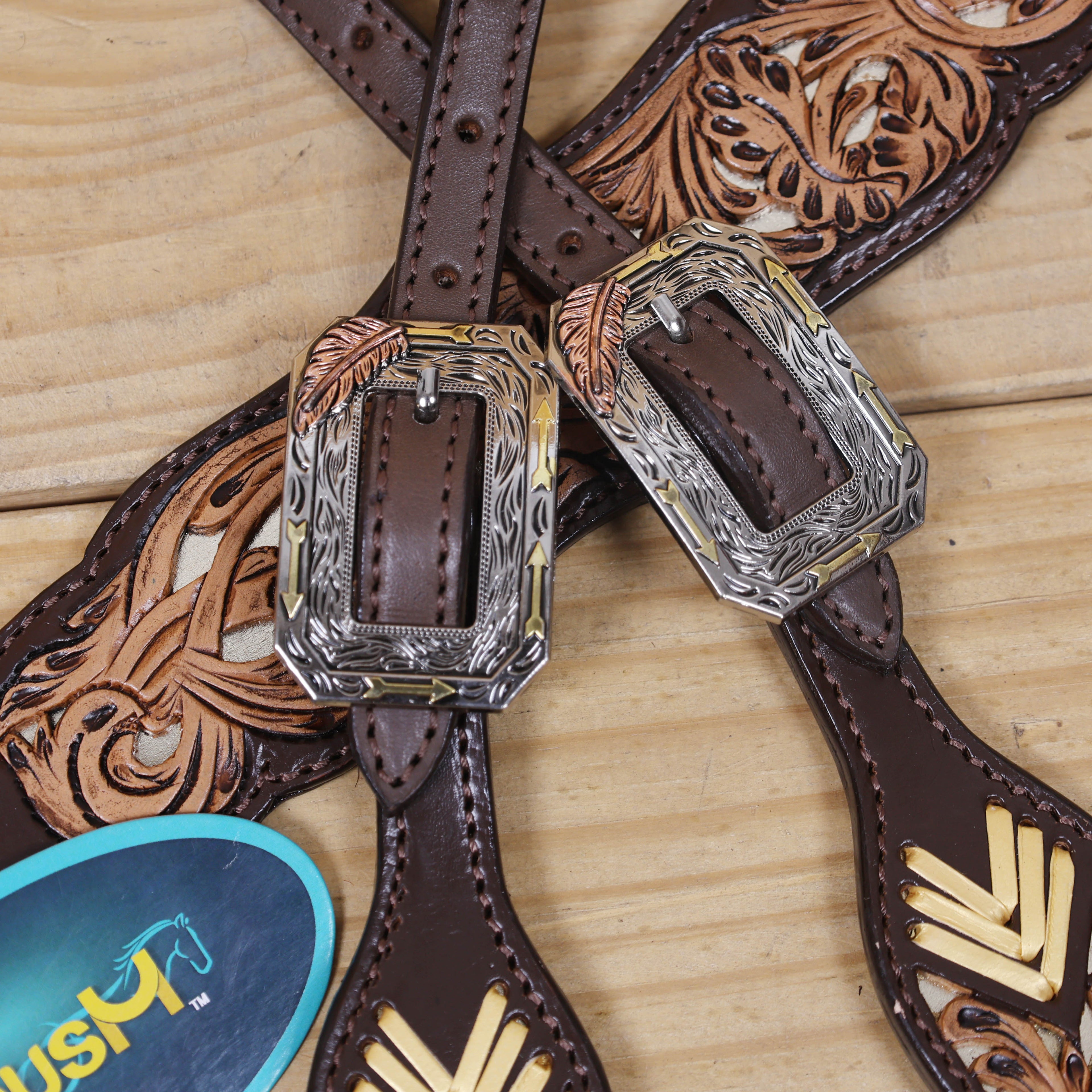 Western Leather Headstall and Breast Collar Tack Set Decorated with Flower Filigree Carving, Golden Rawhide Braiding, and 3 Tone Feather Hardware MOUSM
