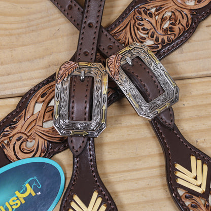 Western Leather Headstall and Breast Collar Tack Set Decorated with Flower Filigree Carving, Golden Rawhide Braiding, and 3 Tone Feather Hardware MOUSM