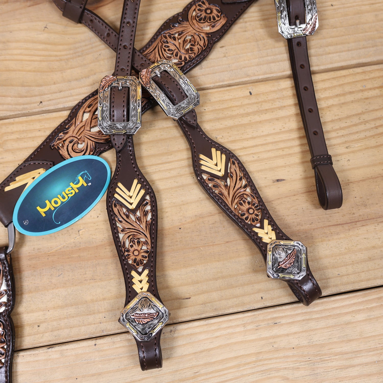 Western Leather Headstall and Breast Collar Tack Set Decorated with Flower Filigree Carving, Golden Rawhide Braiding, and 3 Tone Feather Hardware MOUSM