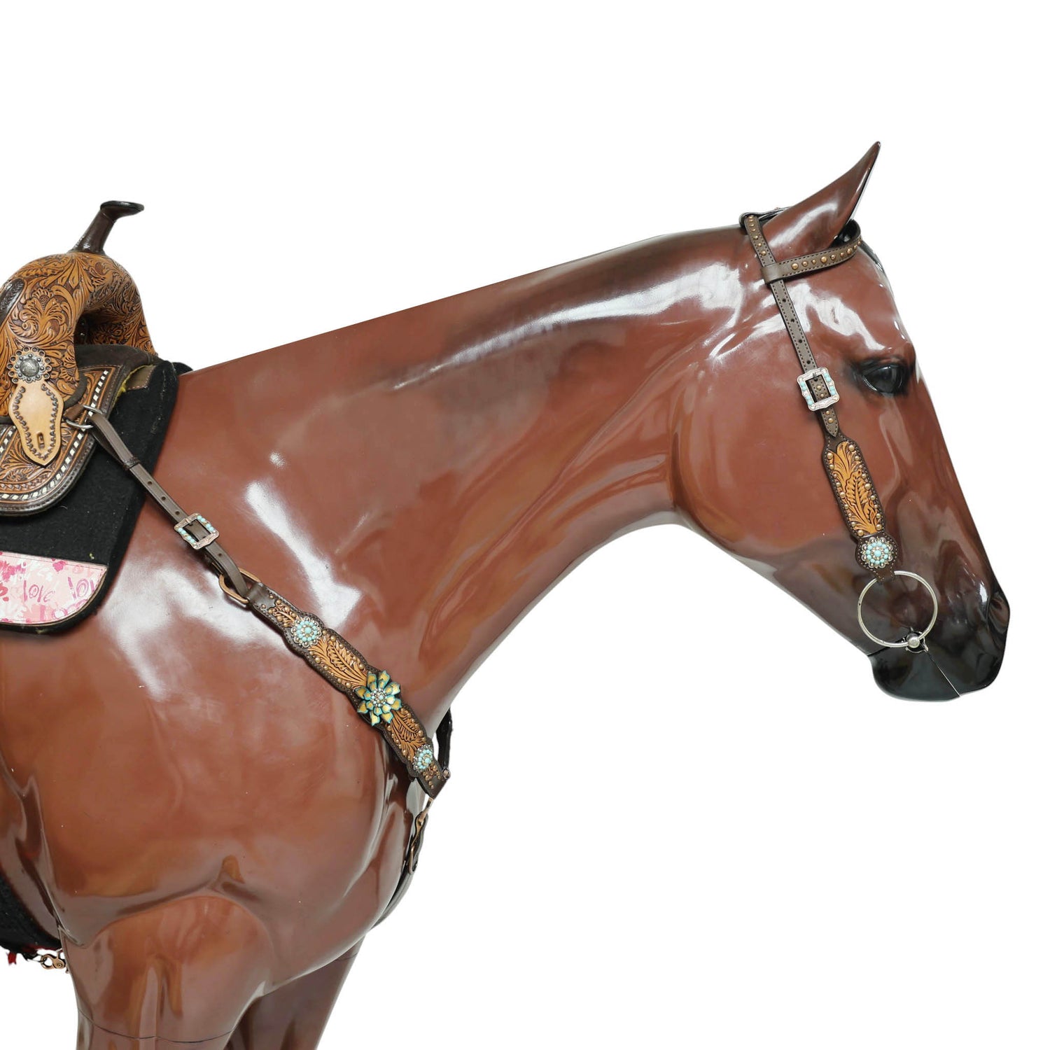 Western Headstall Breast Collar Set Decorated with Copper Studs, Leaf Carving, Turquoise Stone Berry Conchos with Golden Leather 3D Flower MOUSM