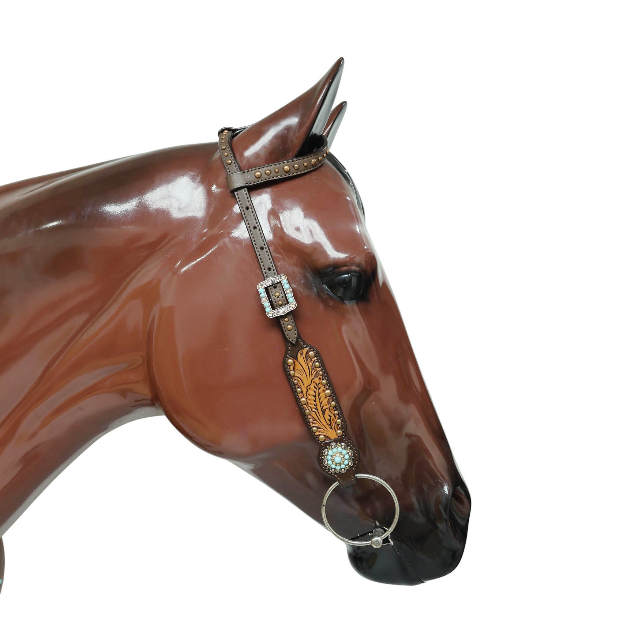 Western Headstall Breast Collar Set Decorated with Copper Studs, Leaf Carving, Turquoise Stone Berry Conchos with Golden Leather 3D Flower MOUSM