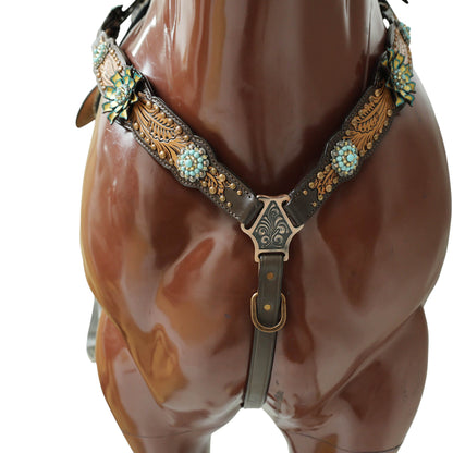 Western Headstall Breast Collar Set Decorated with Copper Studs, Leaf Carving, Turquoise Stone Berry Conchos with Golden Leather 3D Flower MOUSM