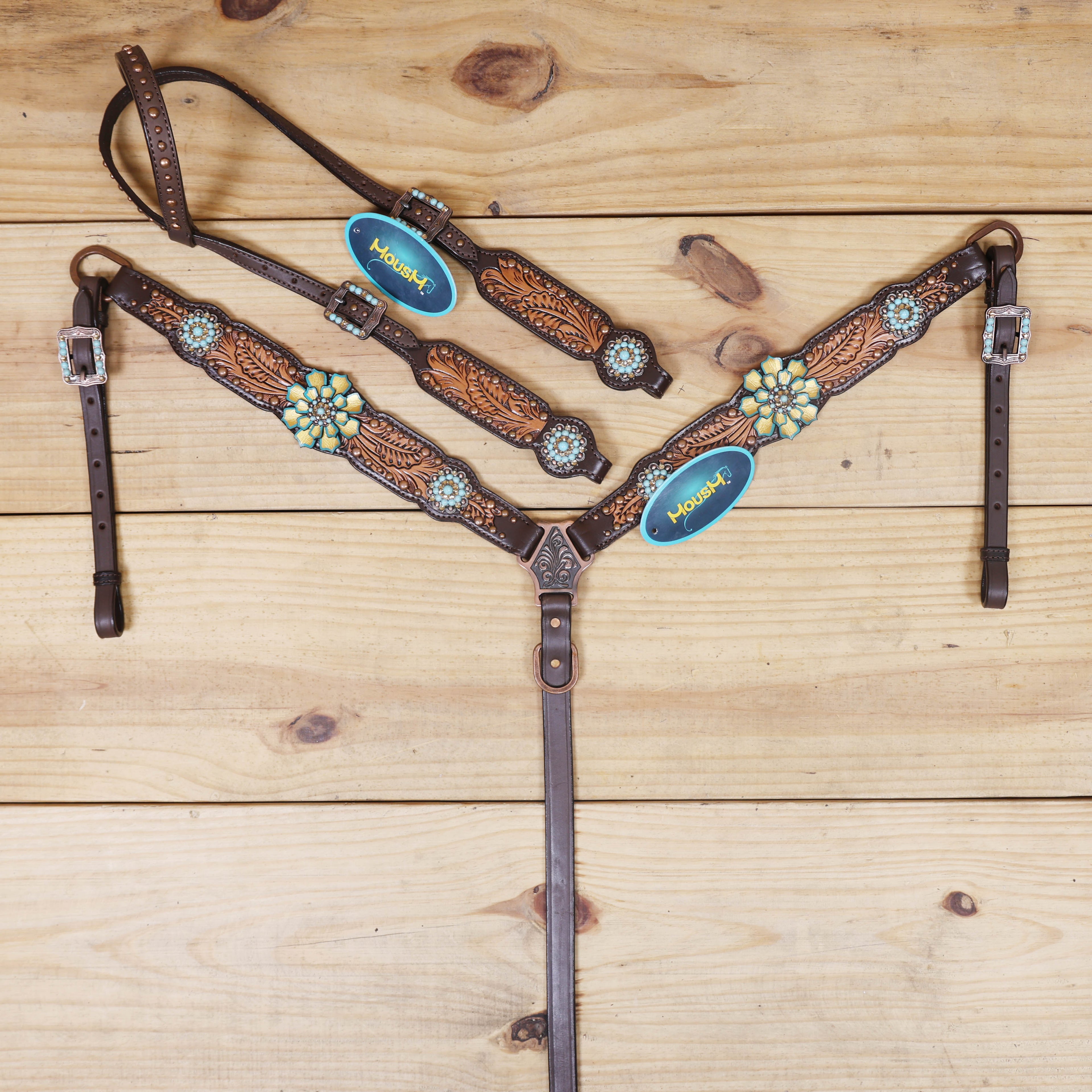 Western Headstall Breast Collar Set Decorated with Copper Studs, Leaf Carving, Turquoise Stone Berry Conchos with Golden Leather 3D Flower MOUSM
