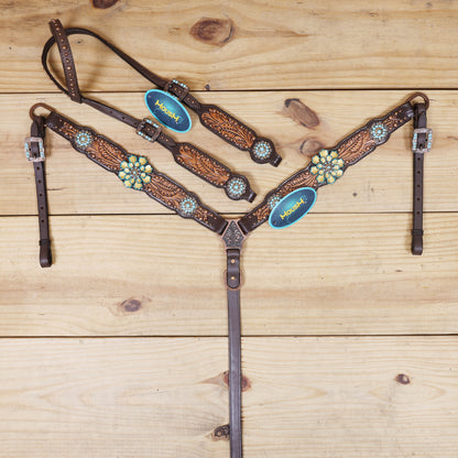 Western Headstall Breast Collar Set Decorated with Copper Studs, Leaf Carving, Turquoise Stone Berry Conchos with Golden Leather 3D Flower MOUSM