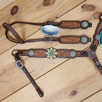 Western Headstall Breast Collar Set Decorated with Copper Studs, Leaf Carving, Turquoise Stone Berry Conchos with Golden Leather 3D Flower MOUSM