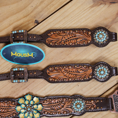 Western Headstall Breast Collar Set Decorated with Copper Studs, Leaf Carving, Turquoise Stone Berry Conchos with Golden Leather 3D Flower MOUSM