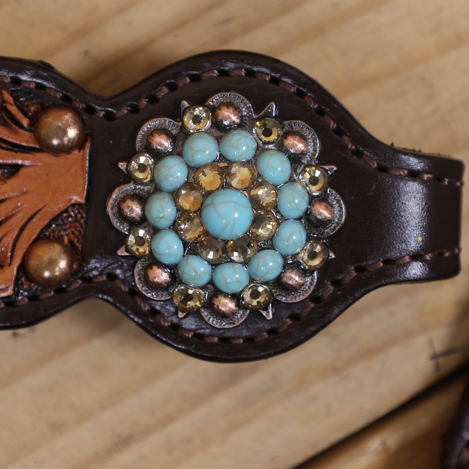 Western Headstall Breast Collar Set Decorated with Copper Studs, Leaf Carving, Turquoise Stone Berry Conchos with Golden Leather 3D Flower MOUSM