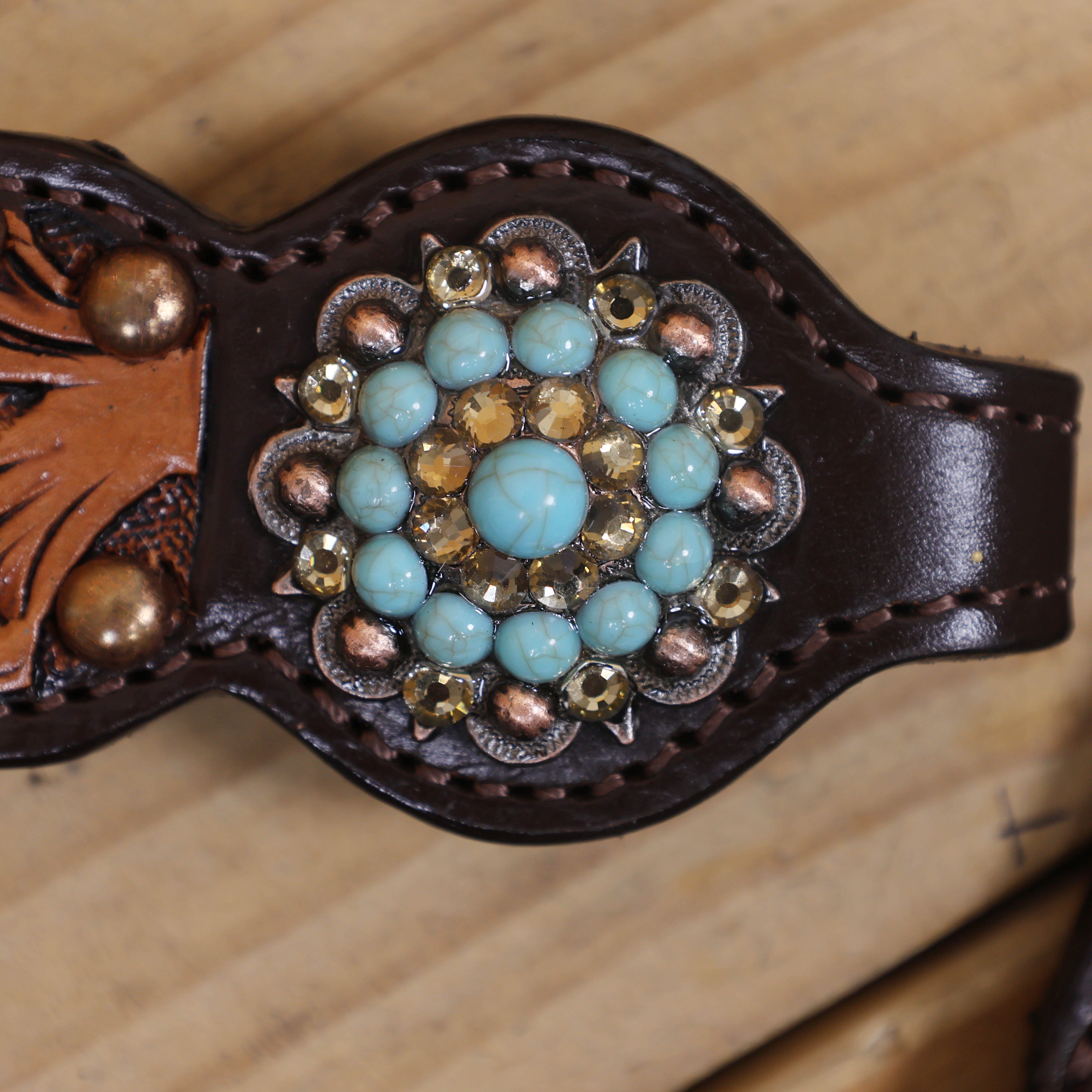 Western Headstall Breast Collar Set Decorated with Copper Studs, Leaf Carving, Turquoise Stone Berry Conchos with Golden Leather 3D Flower MOUSM