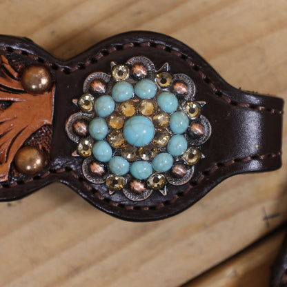Western Headstall Breast Collar Set Decorated with Copper Studs, Leaf Carving, Turquoise Stone Berry Conchos with Golden Leather 3D Flower MOUSM