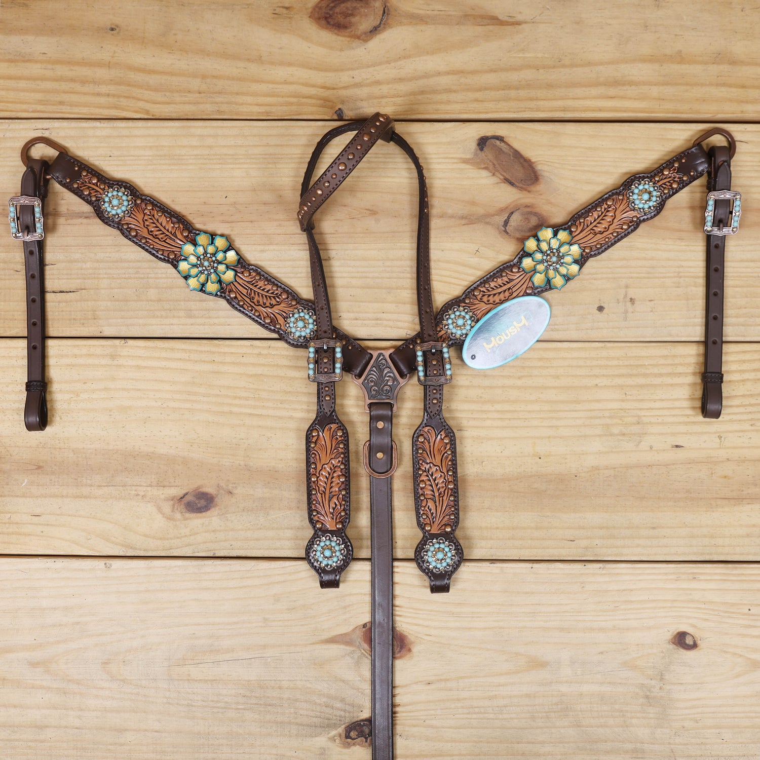 Western Headstall Breast Collar Set Decorated with Copper Studs, Leaf Carving, Turquoise Stone Berry Conchos with Golden Leather 3D Flower MOUSM