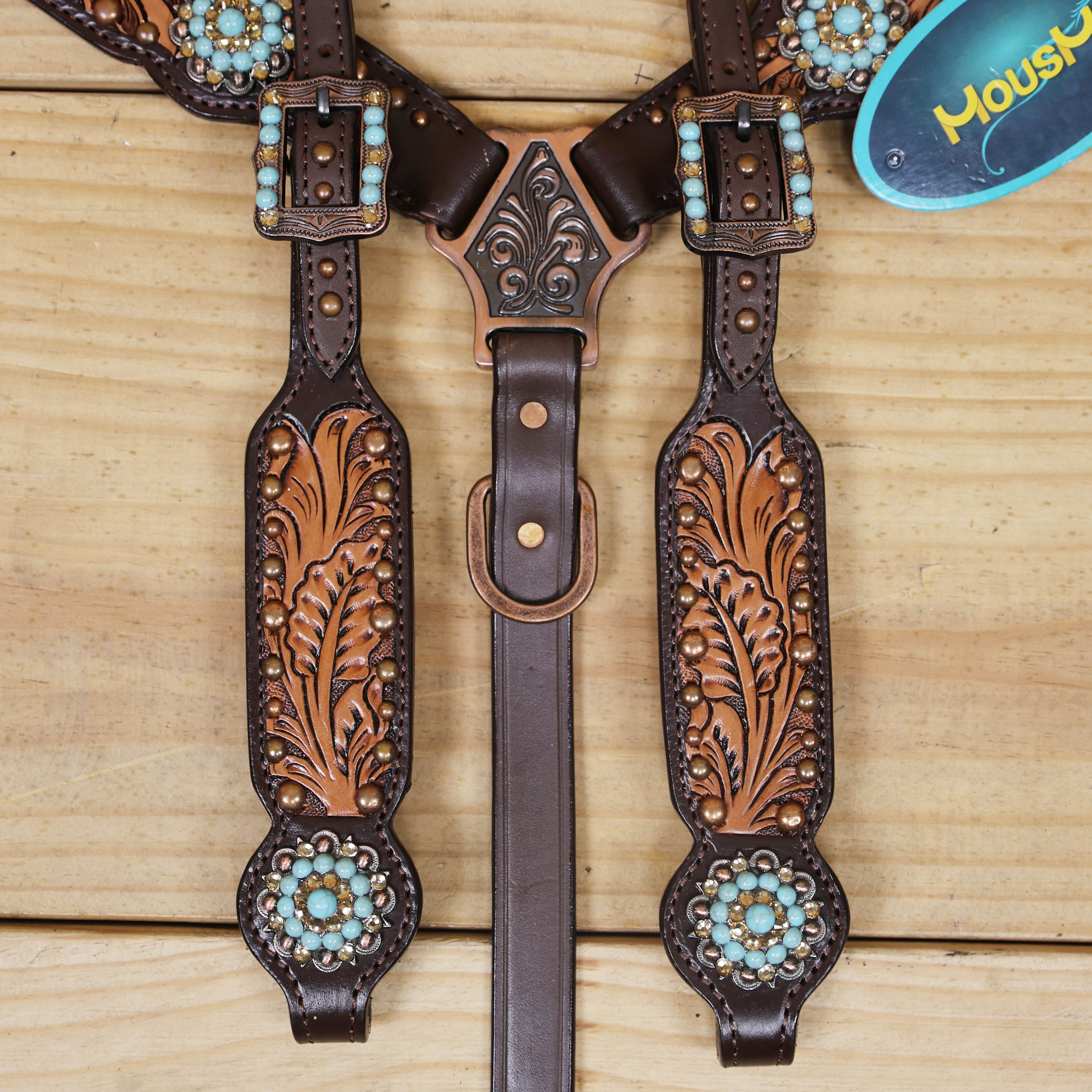 Western Headstall Breast Collar Set Decorated with Copper Studs, Leaf Carving, Turquoise Stone Berry Conchos with Golden Leather 3D Flower MOUSM