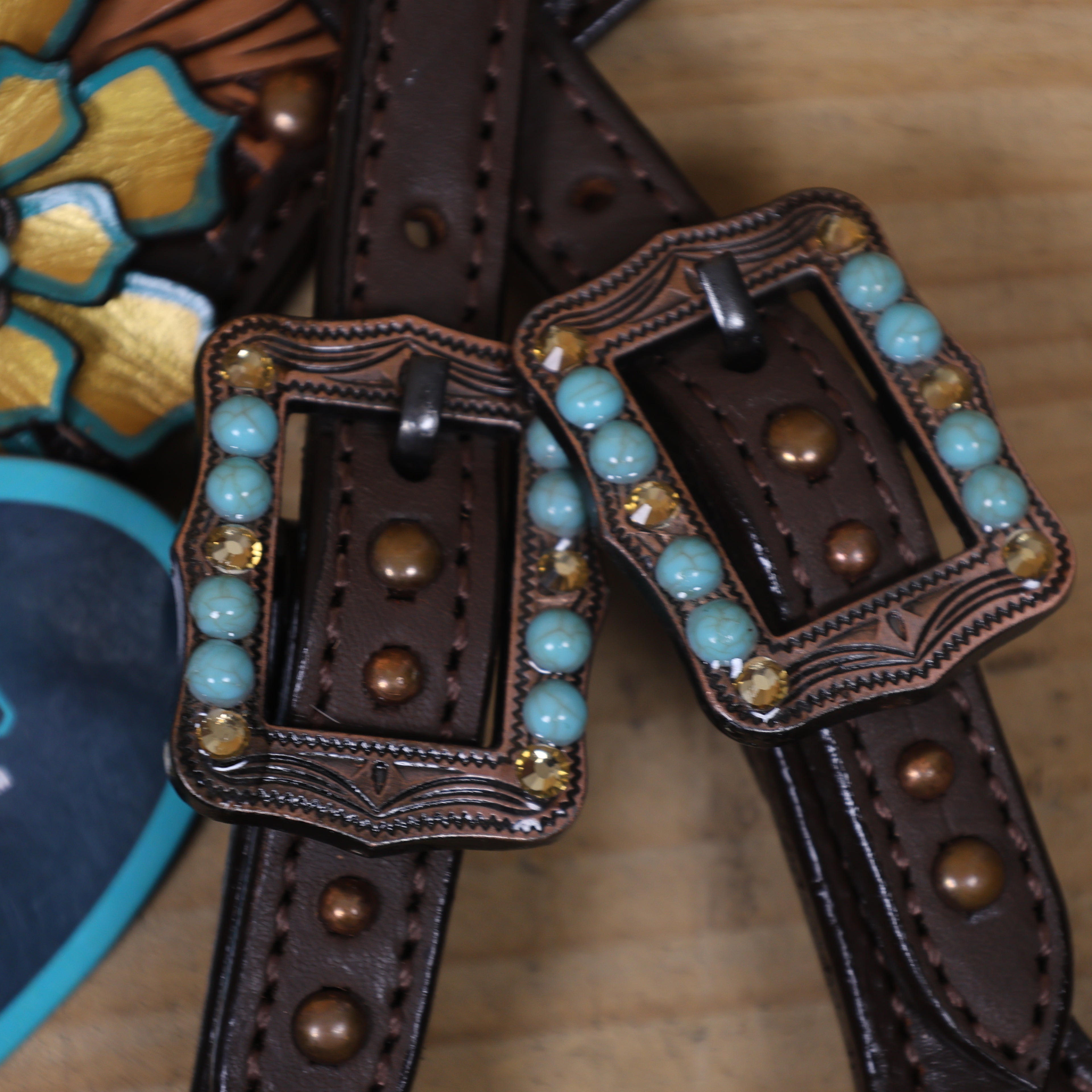 Western Headstall Breast Collar Set Decorated with Copper Studs, Leaf Carving, Turquoise Stone Berry Conchos with Golden Leather 3D Flower MOUSM