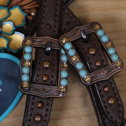 Western Headstall Breast Collar Set Decorated with Copper Studs, Leaf Carving, Turquoise Stone Berry Conchos with Golden Leather 3D Flower MOUSM