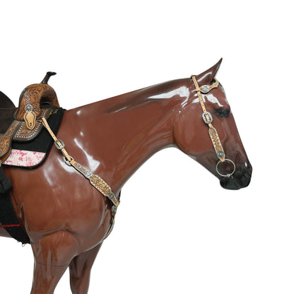 Western Horse Headstall and Breast Collar Decorated with Flower Carving, Nickel Studs, Rawhide Buck Stitching, and Flower Shape Conchos MOUSM