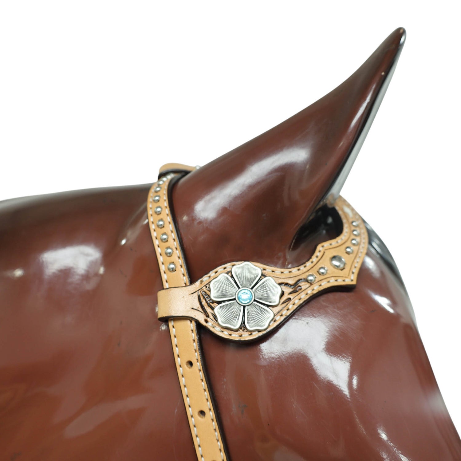 Western Horse Headstall and Breast Collar Decorated with Flower Carving, Nickel Studs, Rawhide Buck Stitching, and Flower Shape Conchos MOUSM