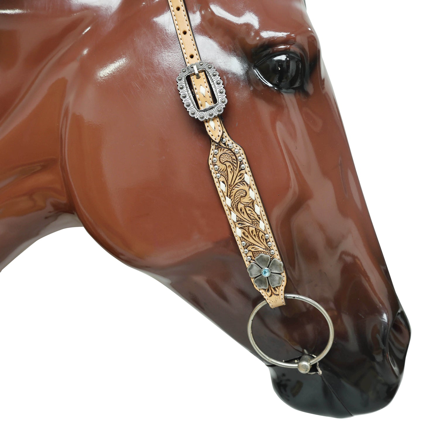 Western Horse Headstall and Breast Collar Decorated with Flower Carving, Nickel Studs, Rawhide Buck Stitching, and Flower Shape Conchos MOUSM