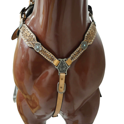 Western Horse Headstall and Breast Collar Decorated with Flower Carving, Nickel Studs, Rawhide Buck Stitching, and Flower Shape Conchos MOUSM