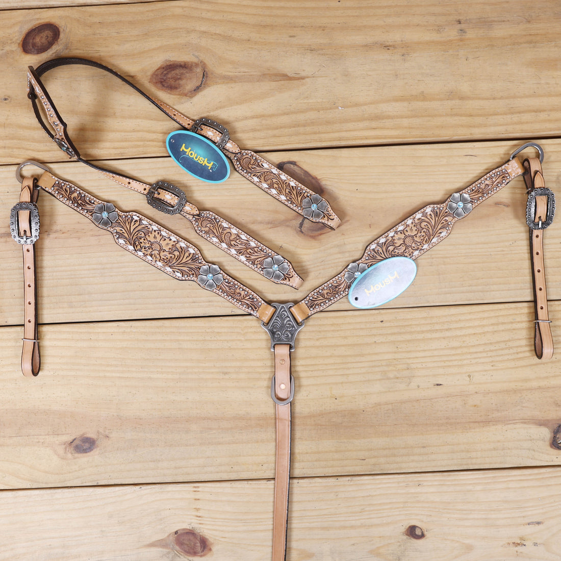 Western Horse Headstall and Breast Collar Decorated with Flower Carving, Nickel Studs, Rawhide Buck Stitching, and Flower Shape Conchos MOUSM