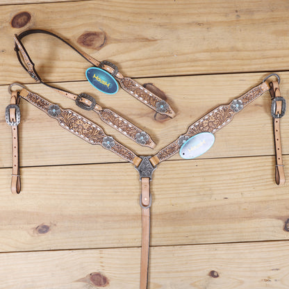 Western Horse Headstall and Breast Collar Decorated with Flower Carving, Nickel Studs, Rawhide Buck Stitching, and Flower Shape Conchos MOUSM