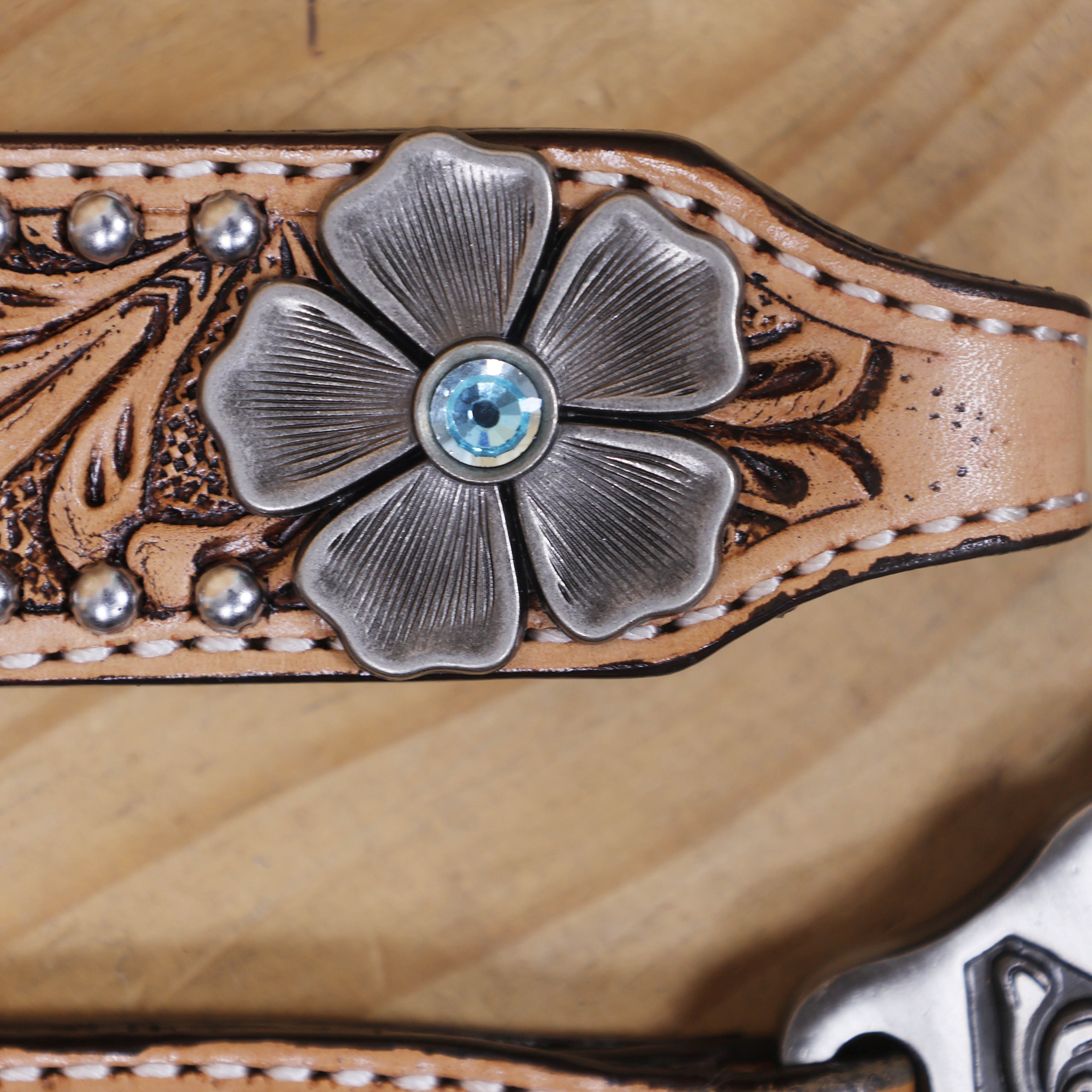 Western Horse Headstall and Breast Collar Decorated with Flower Carving, Nickel Studs, Rawhide Buck Stitching, and Flower Shape Conchos MOUSM