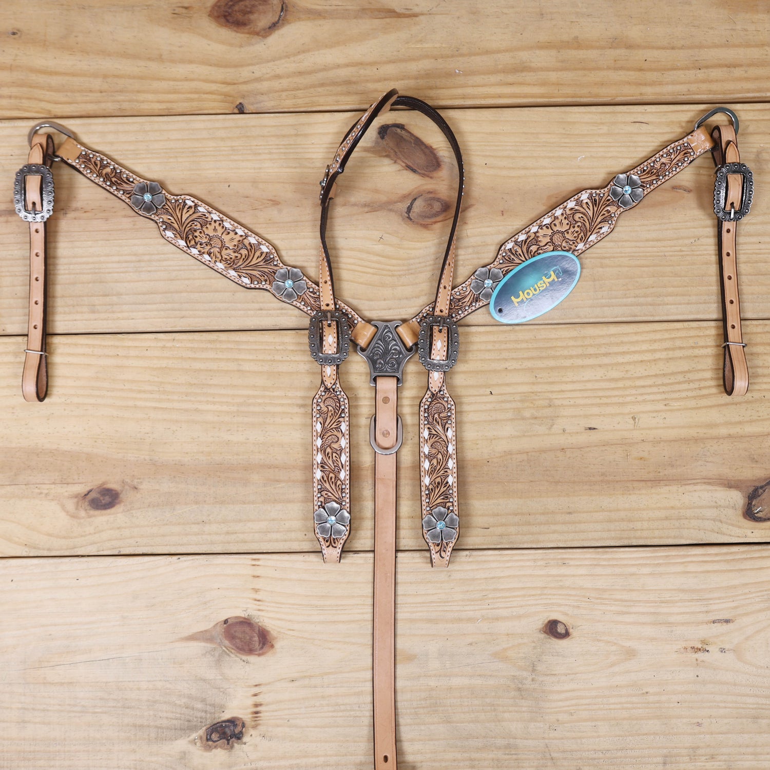 Western Horse Headstall and Breast Collar Decorated with Flower Carving, Nickel Studs, Rawhide Buck Stitching, and Flower Shape Conchos MOUSM