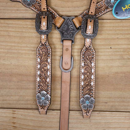 Western Horse Headstall and Breast Collar Decorated with Flower Carving, Nickel Studs, Rawhide Buck Stitching, and Flower Shape Conchos MOUSM